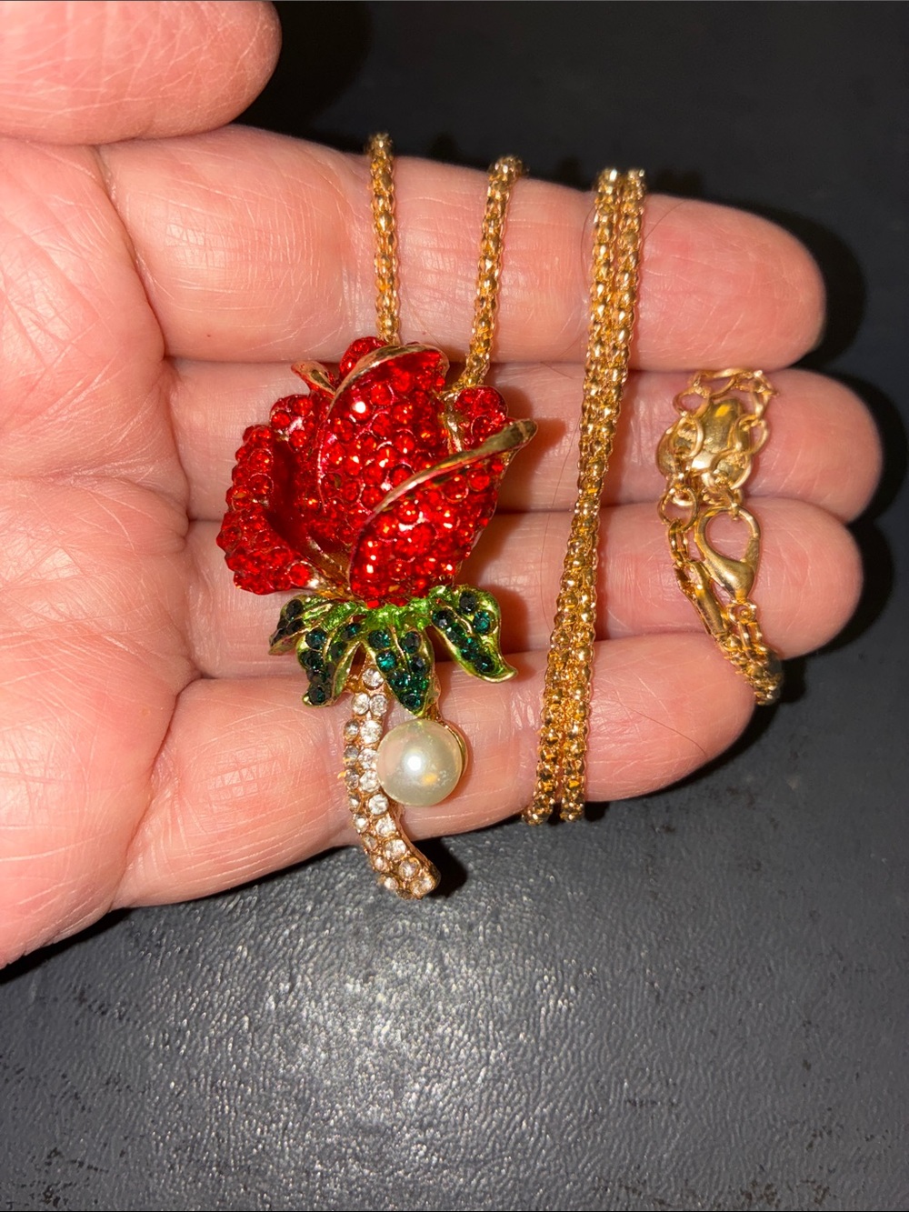 Red Crystal Rose Pendant Necklace with Pearl Accent